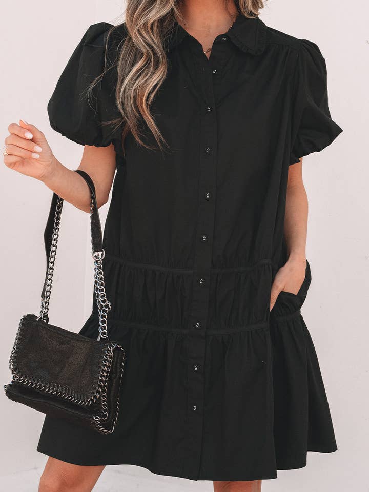 Black Shirt Style Button Down Puff Sleeve Ruffle Hem Dress for wholesale on Faire3
