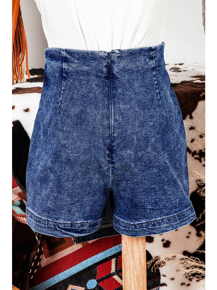 Blue Acid Wash Asymmetric Twisted Wrapped Zipped Denim Skort for wholesale on Faire