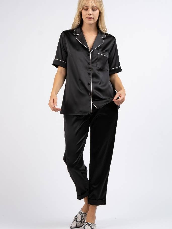 R67976-D35455-1 SOLID SATIN BUTTON DOWN BLOUSE AND PANT SET for wholesale by Rokoko by Dazz