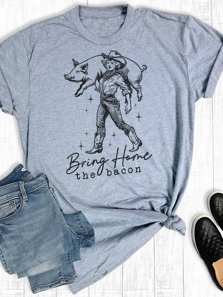 Gray Western Bring Home The Bacon Graphic Tee for wholesale on Faire0