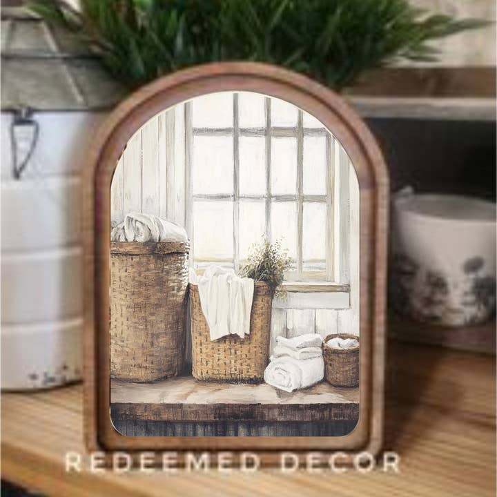 Redeemed Decor - Wholesale Wood Wall Art - Arch Top Laundry Baskets Framed Art