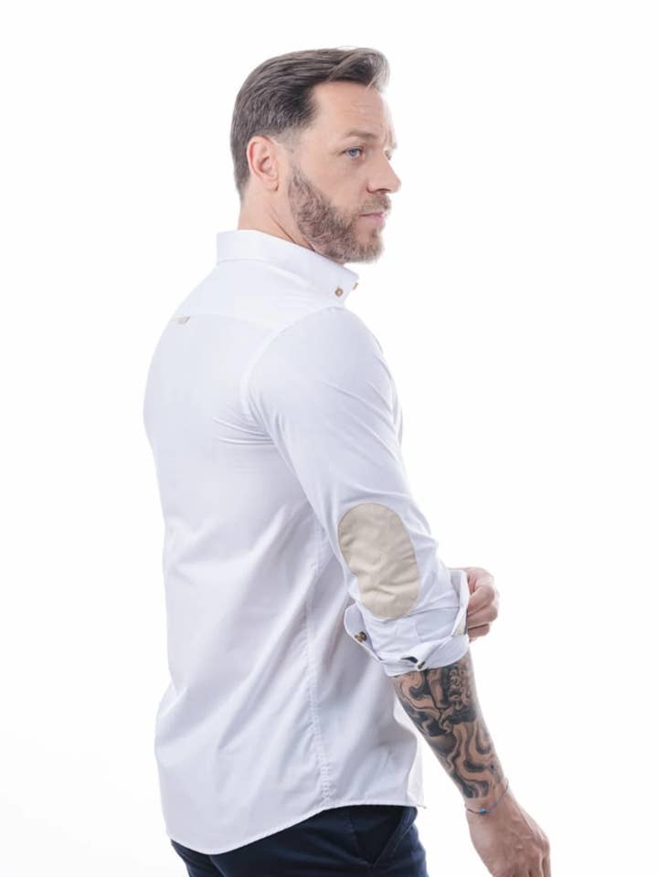 White fil-à-fil shirt with elbow patch and contrast detailing for wholesale by Yellow Skin