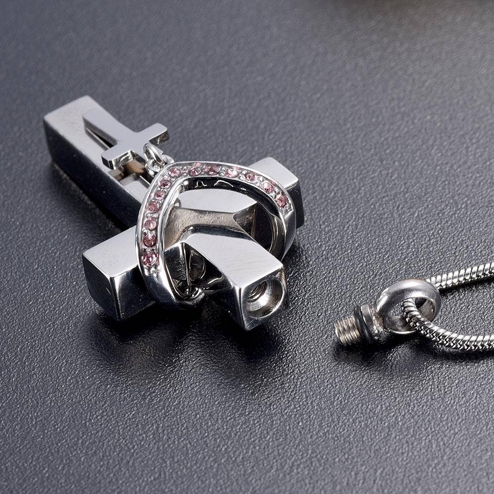 Cherished Emblems – wholesale Pendant/charm necklace – Silver Cross & Rhinestone Rosary Cremation Urn Necklace5