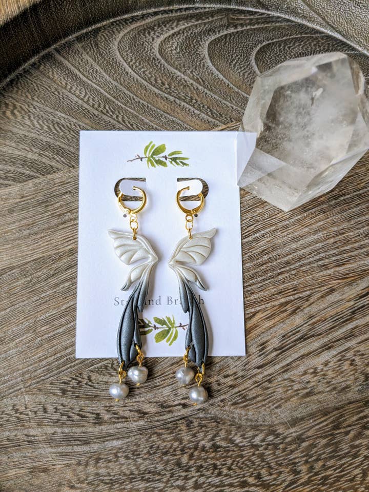 Pearlescent White & Black Fairy Wing Higgie Hoop Earrings for wholesale by Stag and Branch