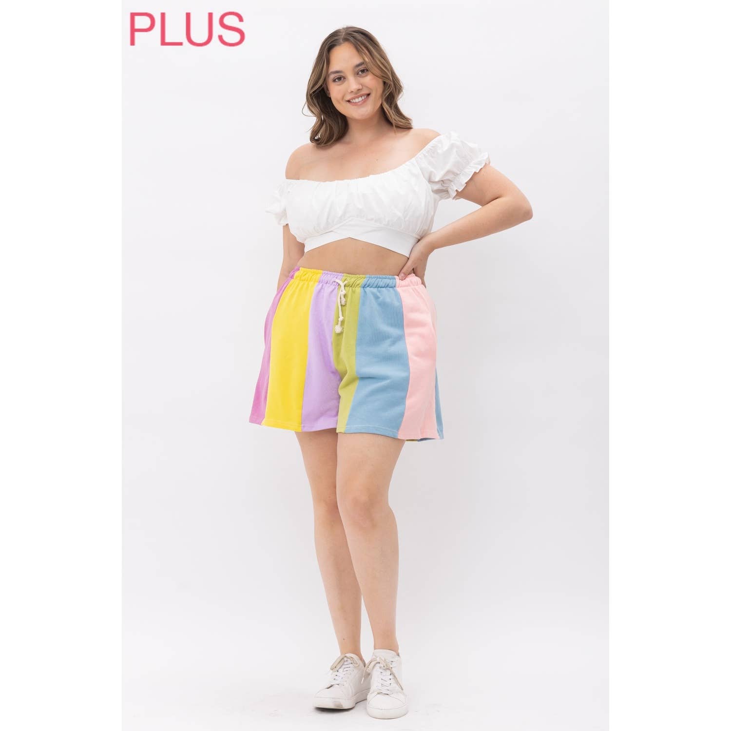 PLUS RAINBOW COLOR BLOCK STRIPE SHORTS WITH TIE for wholesale on Faire5