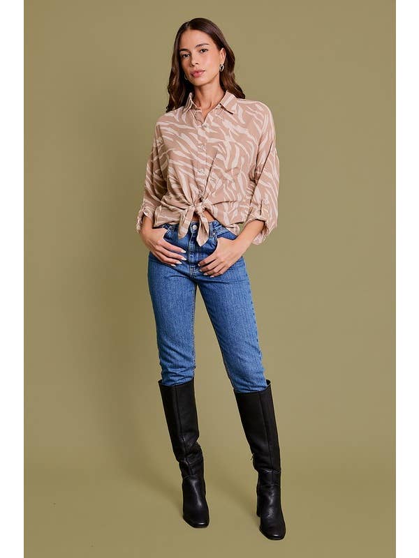 Taupe ivory Abstract ROLL-UP SLEEVE BUTTON DOWN BOTTOM TIE TOP for wholesale on Faire