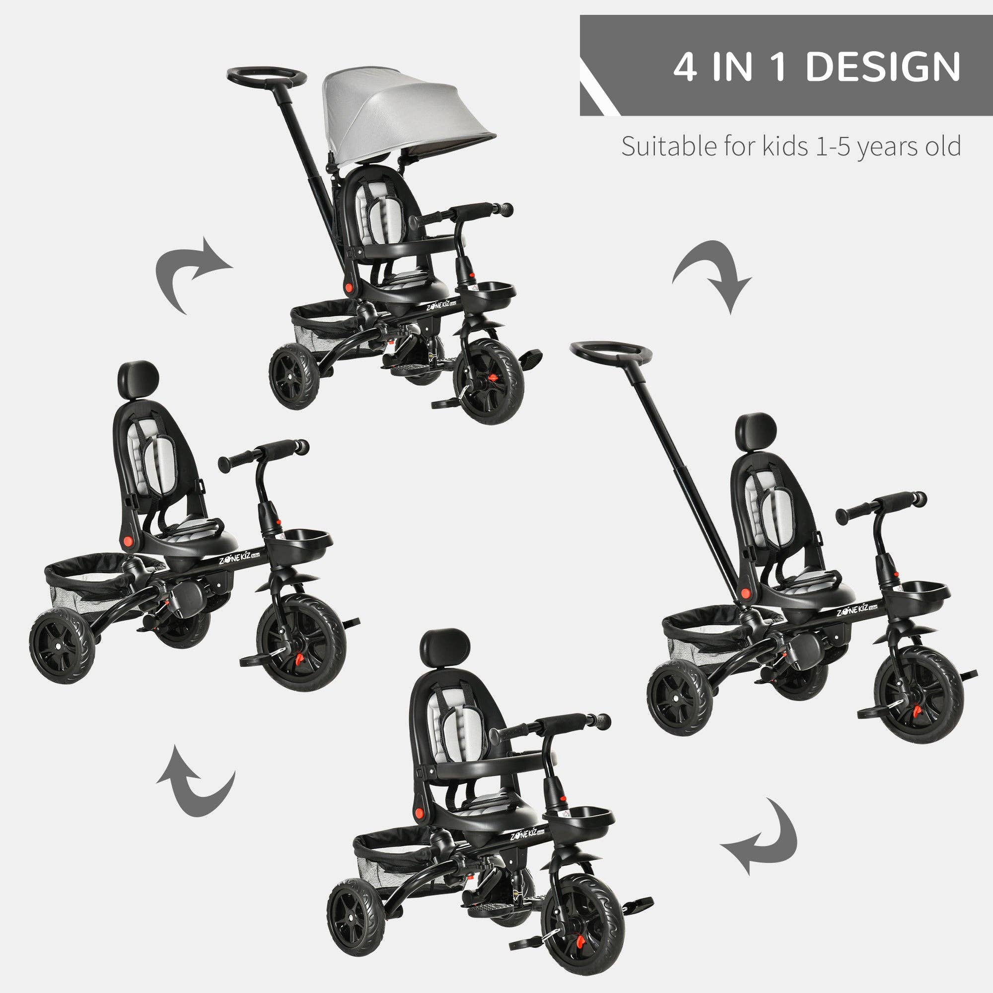 39F Inc. - Wholesale Bike/Scooter - Kids - 4-in-1 Baby Tricycle with Reversible Seat and Canopy, Grey3