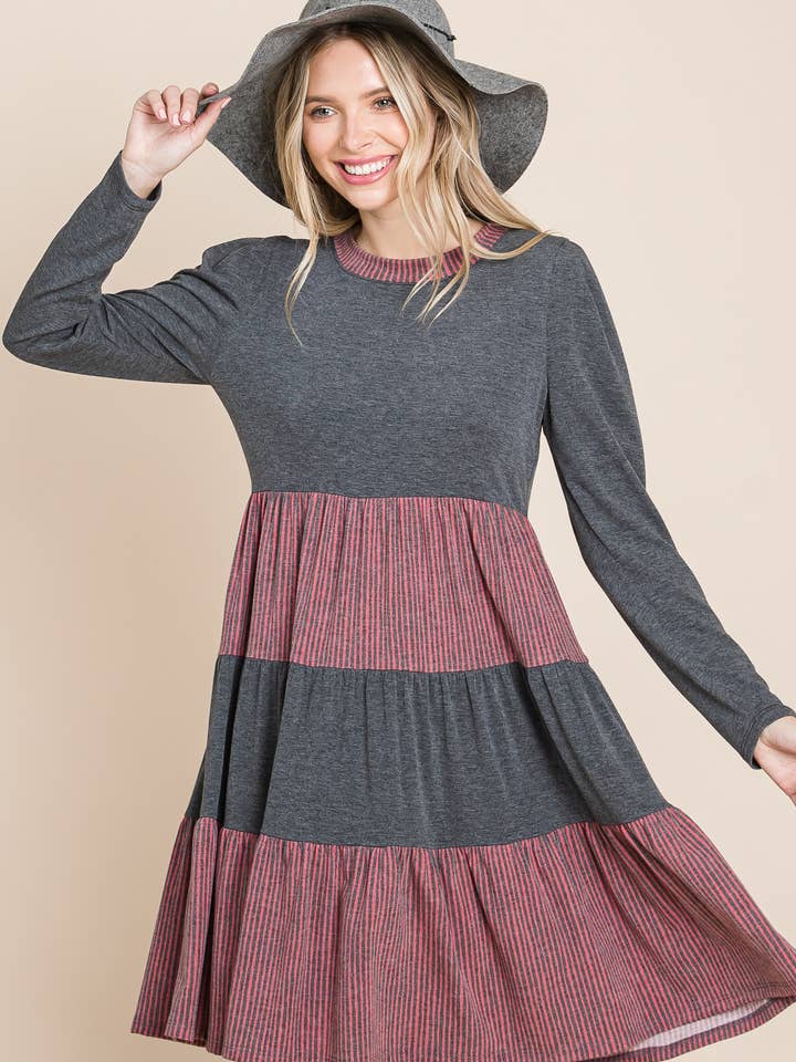 ETK-8610 Striped and Solid Contrast Tiered Knee Dress for wholesale by Emerald Collection