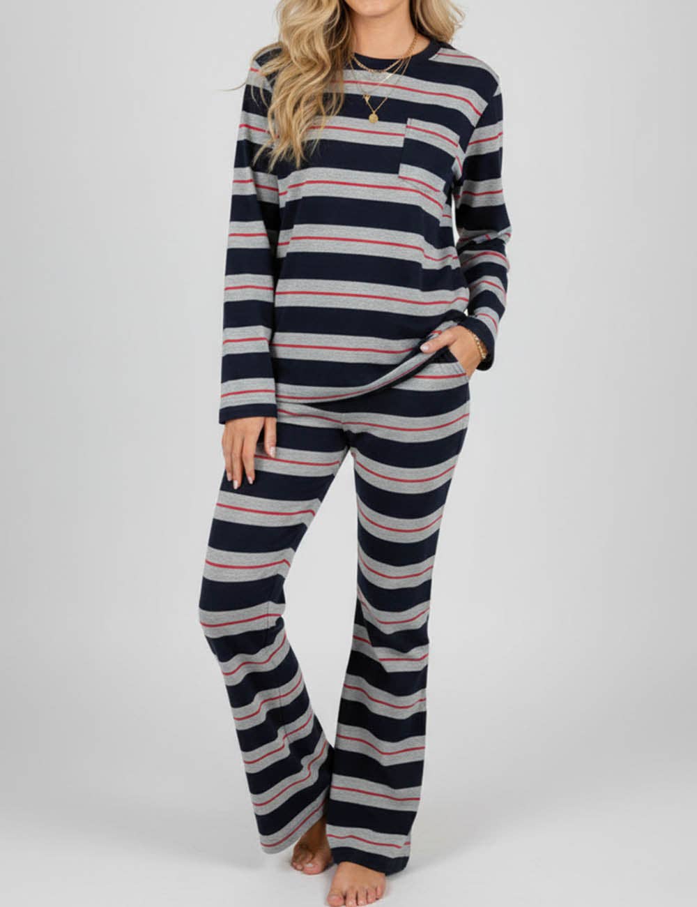 Navy blue Ladies Multi Color Striped Round Neck Top & Pants Set for wholesale on Faire0