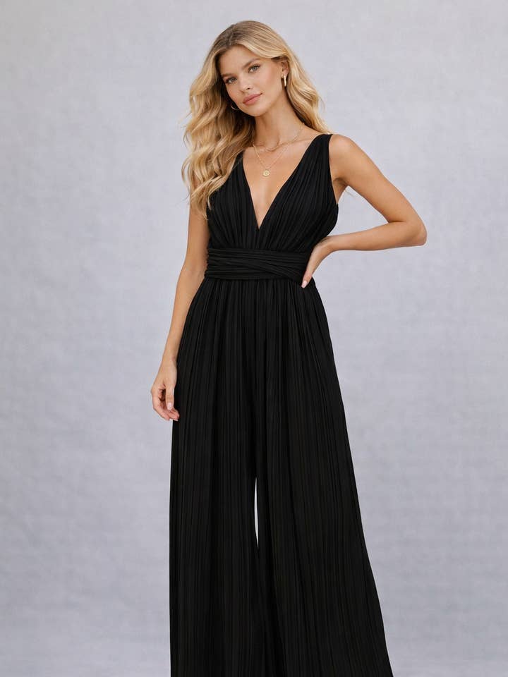SR3008 WAIST BAND V NECK SLEEVELESS JUMPSUIT for wholesale by Endless Blu