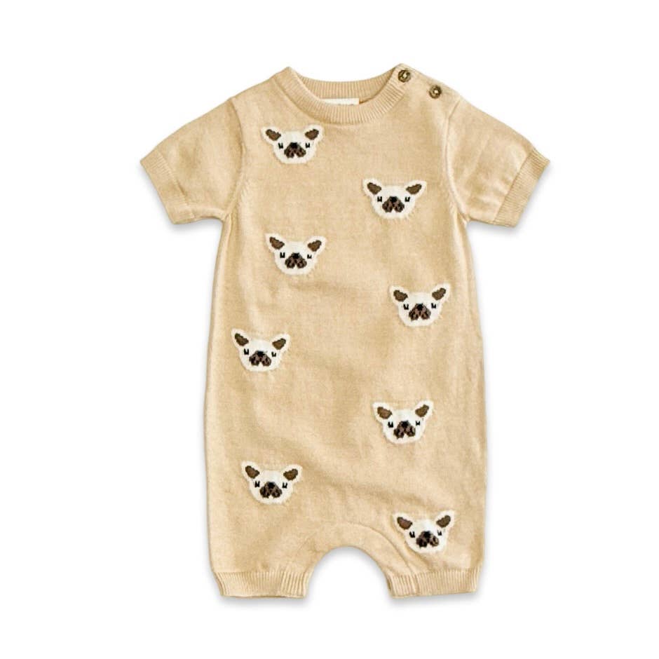 Heather de aveia Babygrow em Malha Jacquard com Cão Frenchie (Algodão Orgânico) para venda a revendedores na Faire0