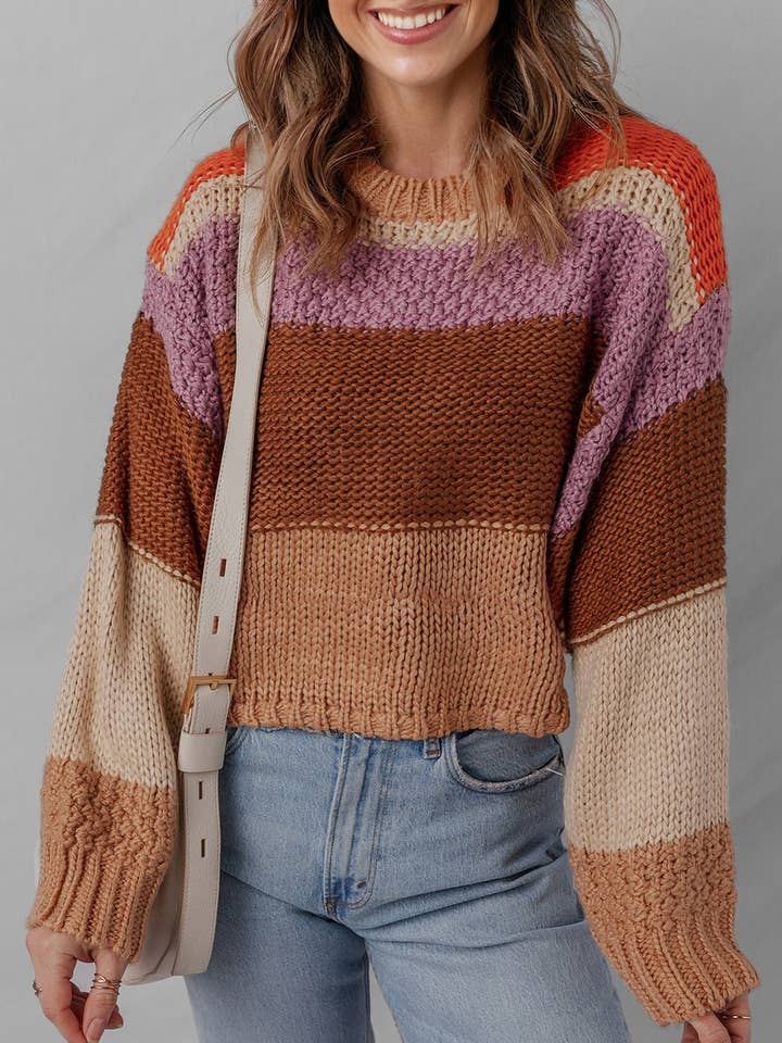 Multicolour Cropped Colorblock Drop Shoulder Knitted Sweater for wholesale by Lovesoft