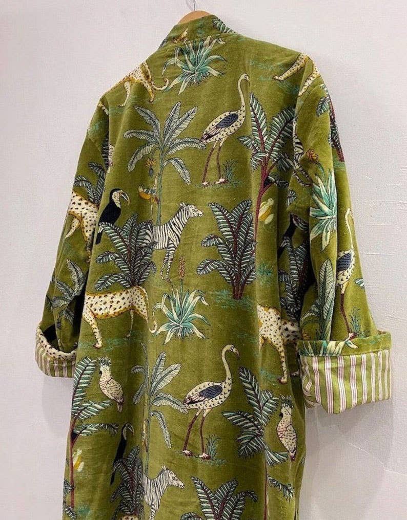 bhavnas boutique – Engroshandel Morgenkåbe - Dame – Grøn Jungle Print Fløjlskimonokåbe Morning Tea Kvinders frakke4