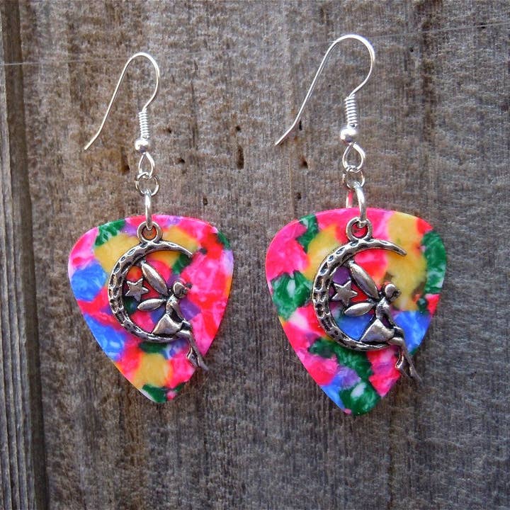 Simply Raevyn - Wholesale Dangle Earrings - Fairy on the Half Moon Charm Guitar Pick Earrings7