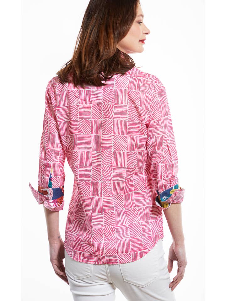 Dizzy-Lizzie - Wholesale Button Down Shirt - Women's - Rome Shirt 3/4 Sleeve in Fuschia with White Criss Cross Print
