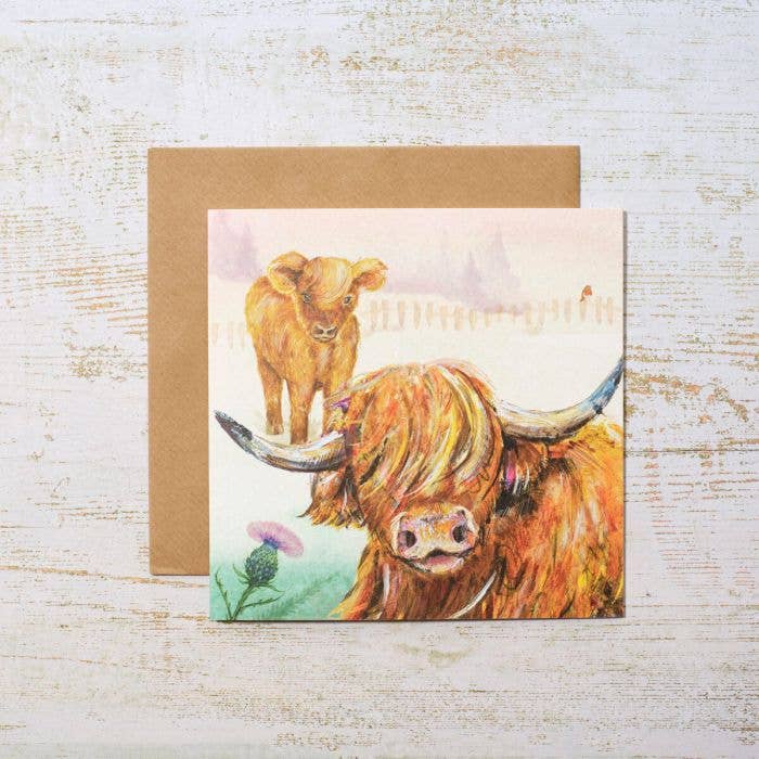 Highland Cow With Calf and Thistle Card for wholesale by Langs