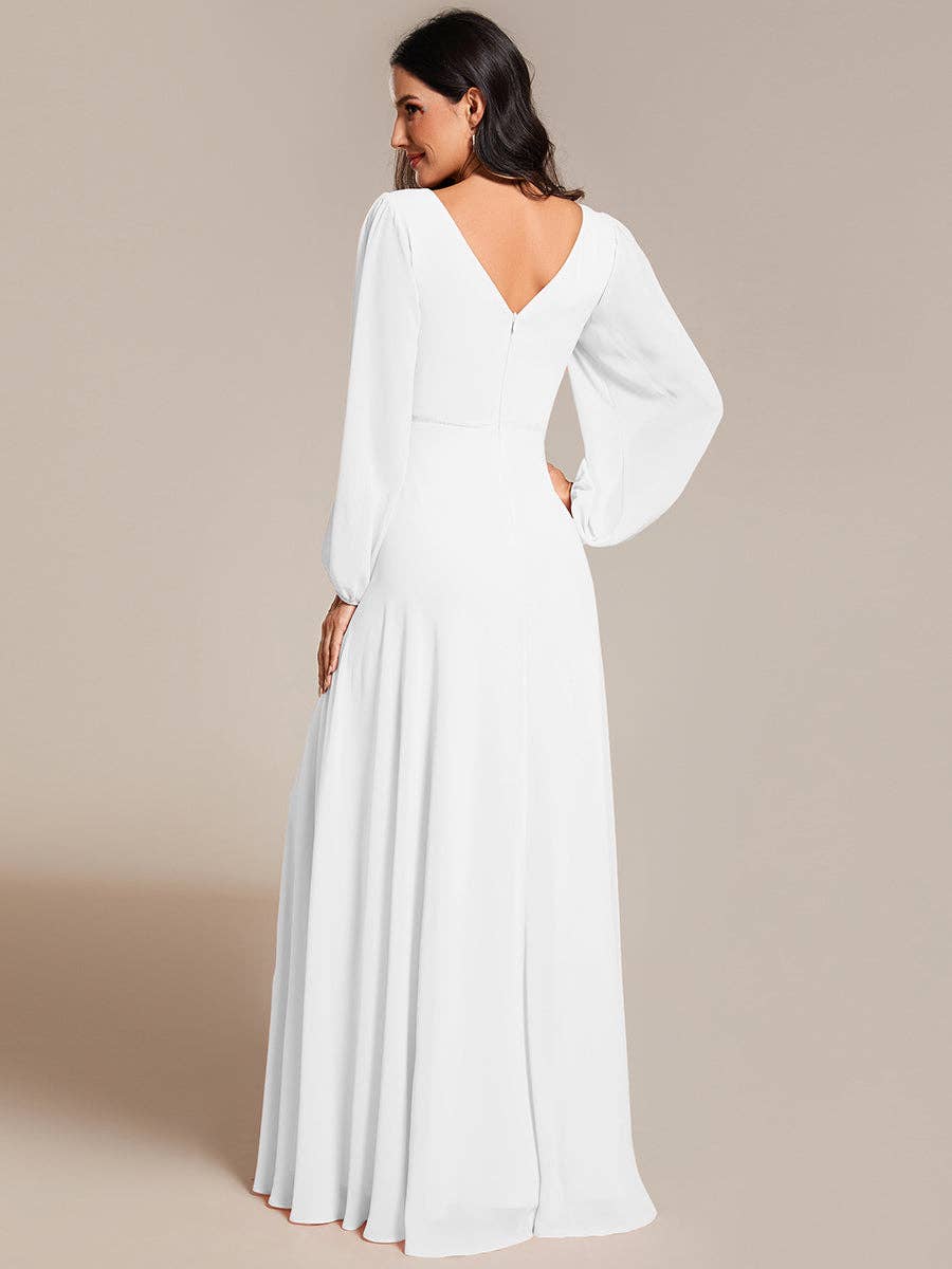 Ever-Pretty - Wholesale Gown - Women's - Elegant waisted chiffon V-neck Long Sleeve guest Dress32