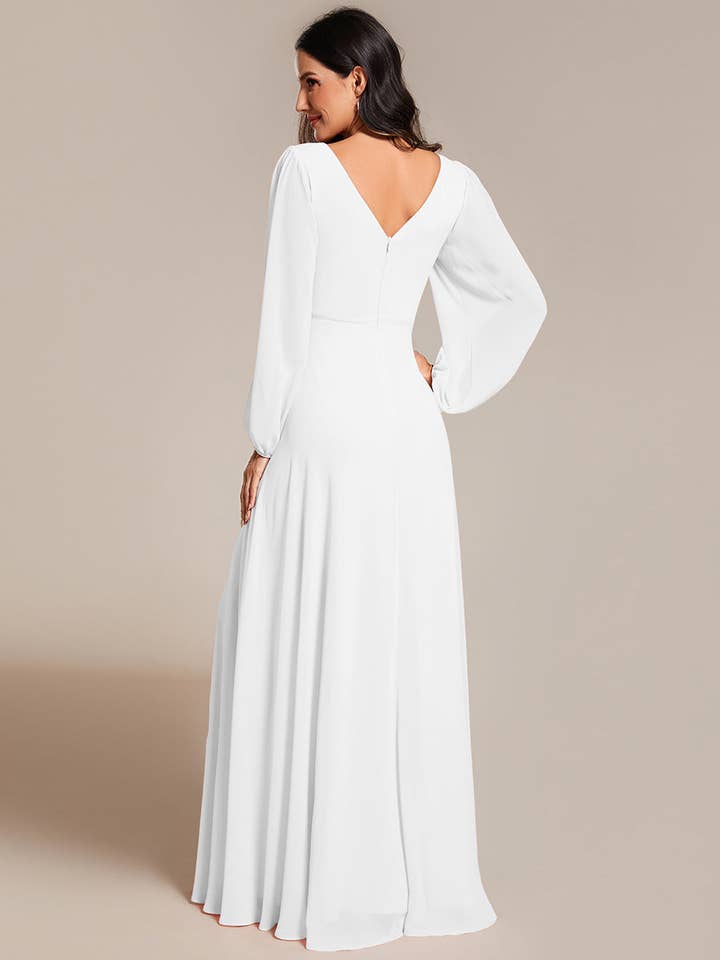 Ever-Pretty - Wholesale Gown - Women's - Elegant waisted chiffon V-neck Long Sleeve guest Dress32