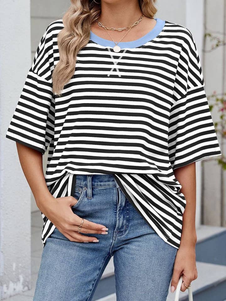 Casual loose oversized contrast striped crew T-shirt for wholesale by HIDDENBRAND