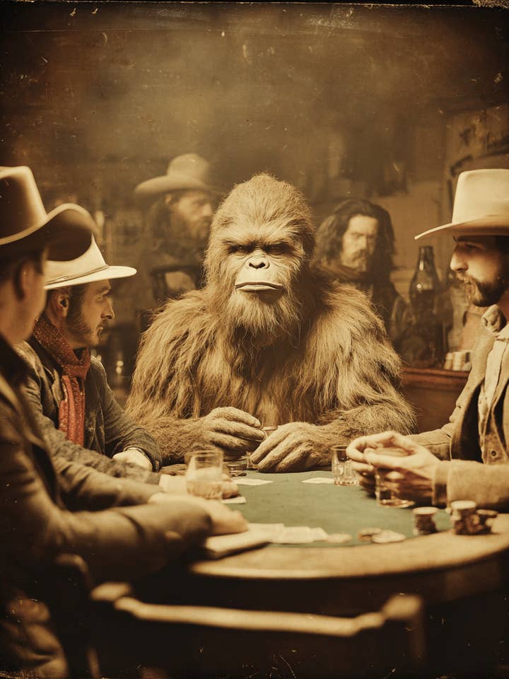 Bigfoot i gammelt vesten poker spil kunsttryk - 8"x10" kunstværk til 11"x14" ramme for engroshandel hos Mowbi