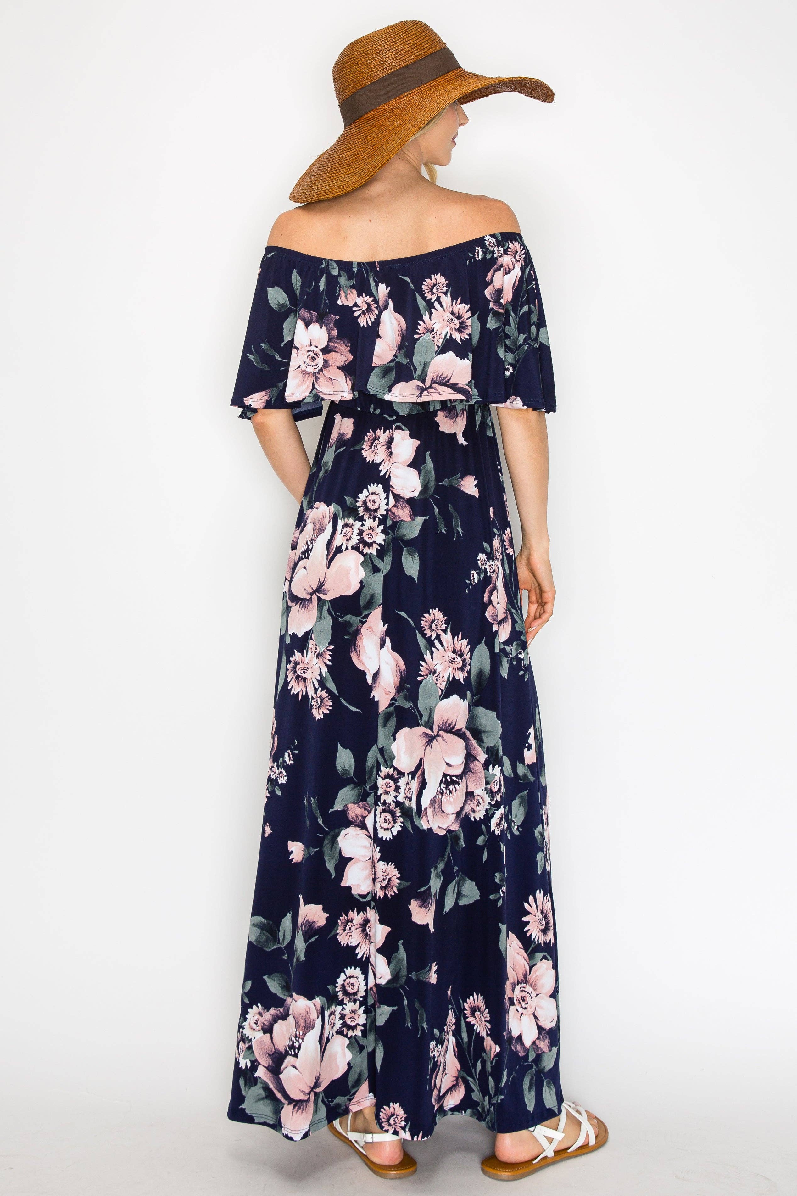 Navy Mauve Maureen Floral Off Shoulder Maxi Dress for wholesale on Faire5