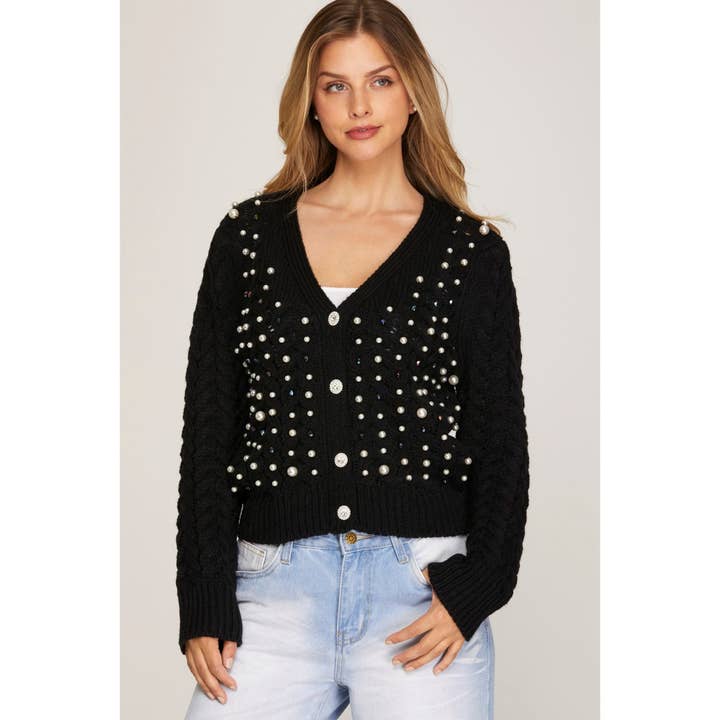 STYLE USA - Vendita all'ingrosso Cardigan - Donna - CARDIGAN IN MAGLIA A TRECCE DECORATO CON STRASS DI PERLE