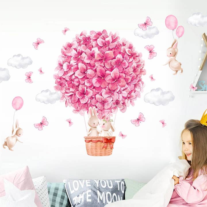 WallKoala - Wholesale Wall decal/stickers - Bunny in Flower Balloon Wall Decal - Floral Surrounding, Watercolor Style - Girls' Room Decor - BR3204