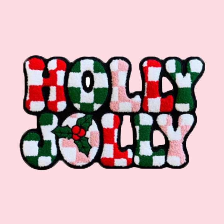 Holly Jolly Checkered Chenille Iron On Patch for wholesale by Rosie Posie Patches