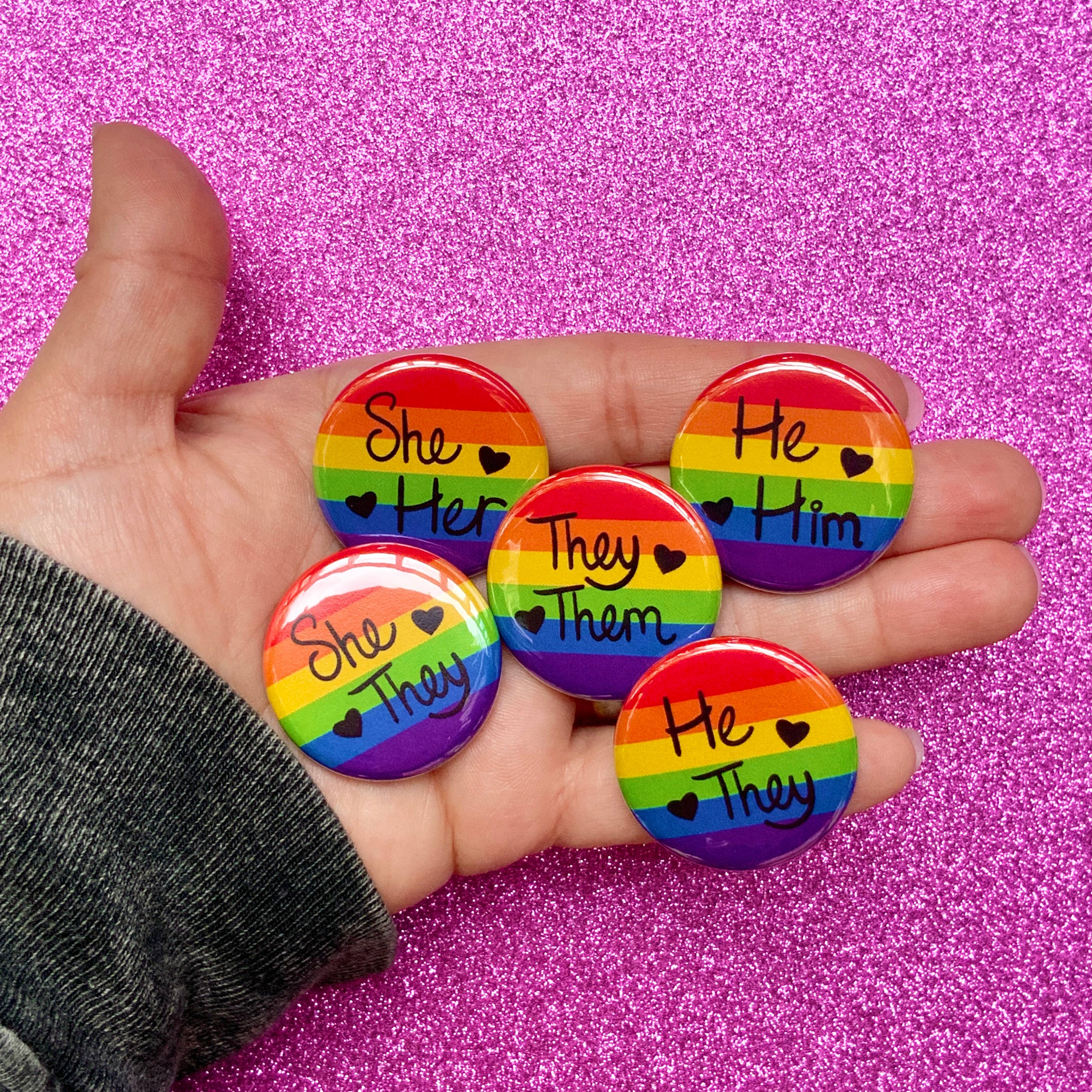 Minichelle Designs - Wholesale Lapel Pin/Button - Set of 100 LGBTQ+ Rainbow Pronoun Pin Back Buttons1