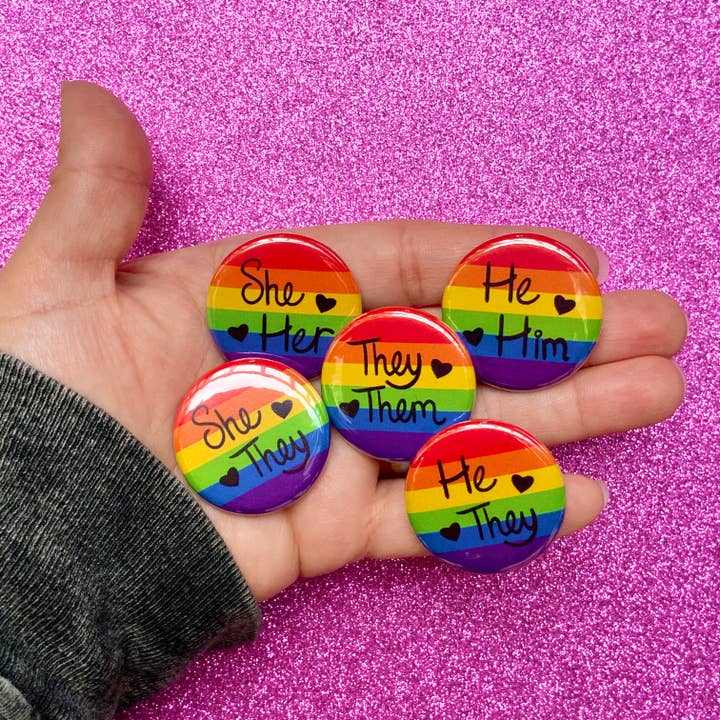 Minichelle Designs - Wholesale Lapel Pin/Button - Set of 100 LGBTQ+ Rainbow Pronoun Pin Back Buttons1