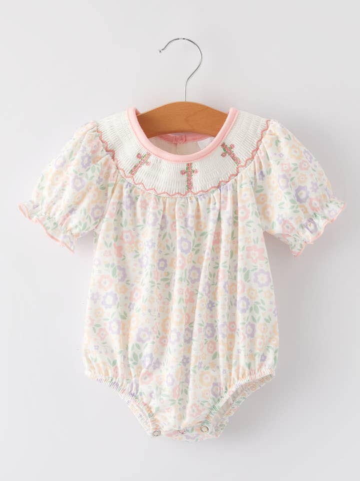 Easter Cross Smocking Embroidery Colorful Romper for wholesale by Rylee Faith Designs