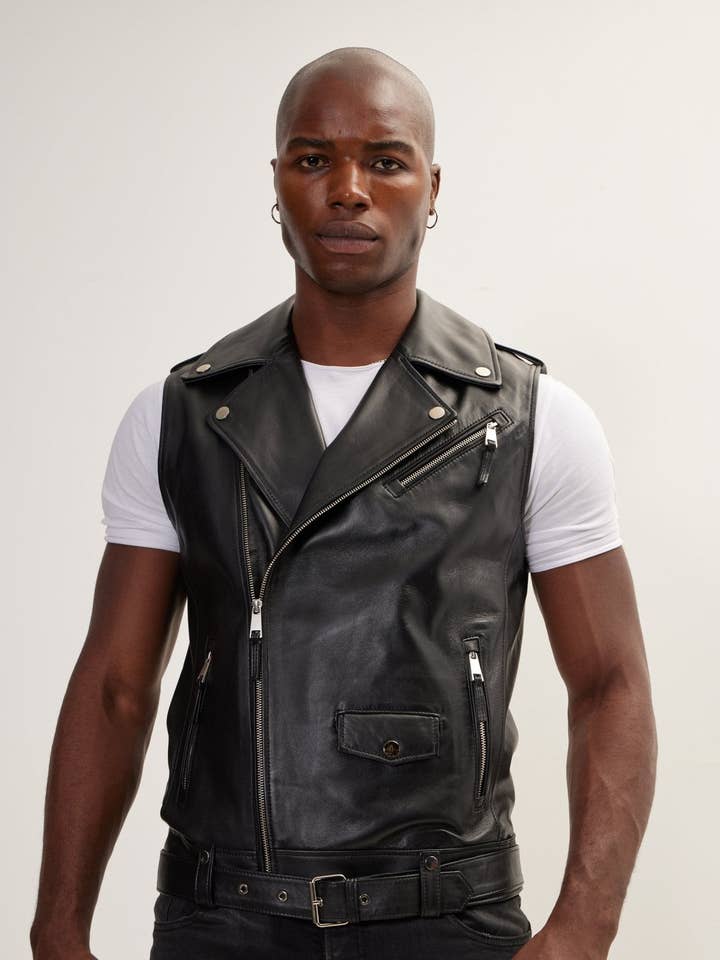 Men's Leather Moto Vest - Black for wholesale on Faire0