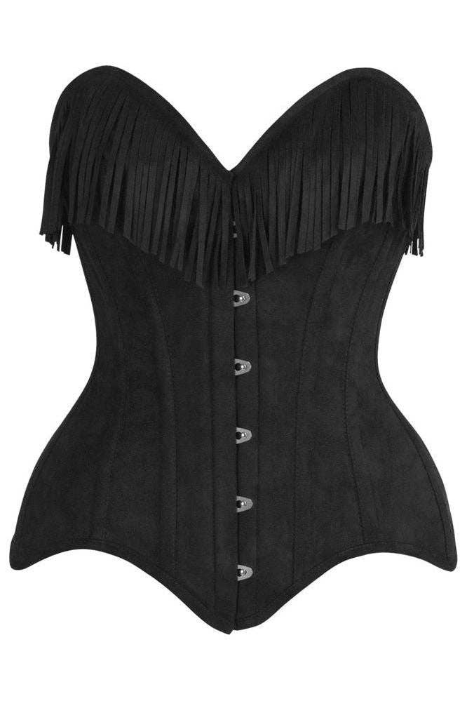 Daisy Corsets - Wholesale Corset - Women's - Top Drawer Black Suede Steel Boned Overbust Corset w/Fringe7