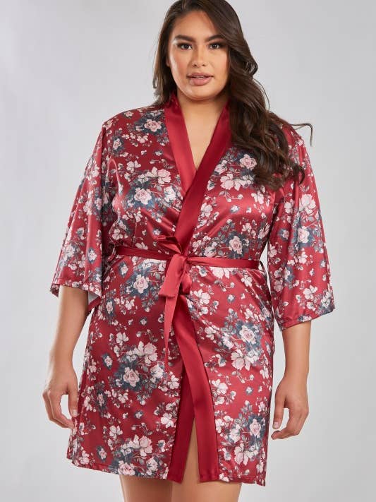 Brittany Plus Size Stretch Satin Floral Robe for wholesale by iCollection