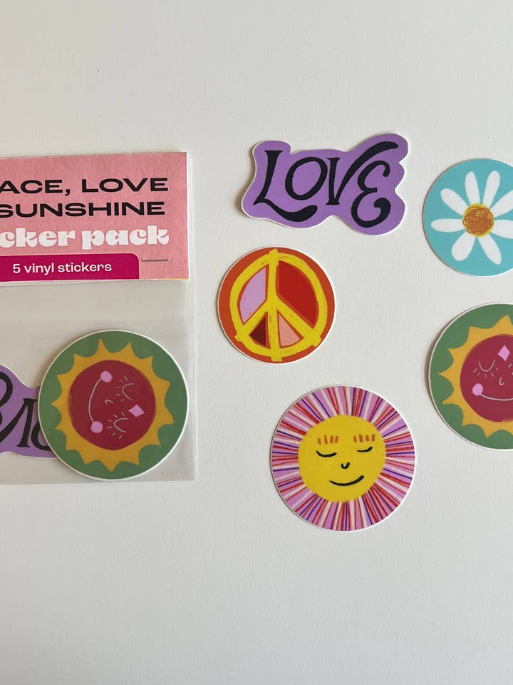 Peace, Love and Sunshine! Sticker Pack - 5 vinyl stickers for wholesale by Lydia Writes Good
