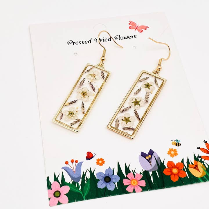 Mio Queena - Wholesale Dangle Earrings - Daffodil Genuine Pressed Dried Flower Cuboid Earrings - PDF