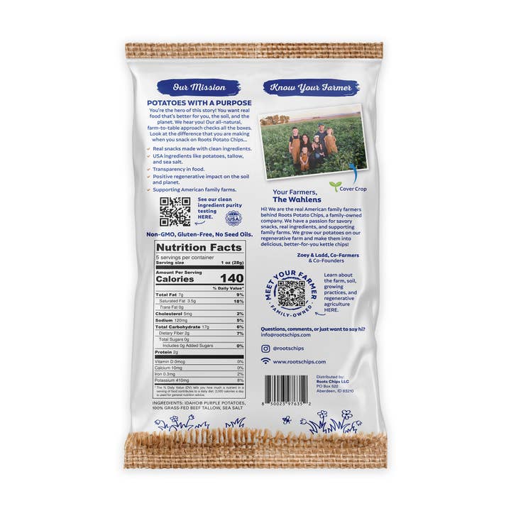 Roots Potato Chips - Wholesale Chips - Tallow Purple Sea Salt Kettle Cooked Potato Chips – Naturally Vibrant Flavor – Regenerative Idaho Purple Potatoes Cooked in 100% Tallow – (12 x 5 oz Bags)1
