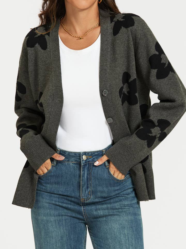 Chaqueta de punto gris con estampado de flores para venta al por mayor de FS Collection (Germany)