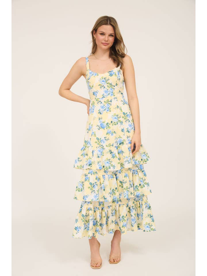 Blu Pepper - Wholesale Dress - Women's - FLORAL SLEEVELESS RUFFLE TIERED HEM MIDI DRESS