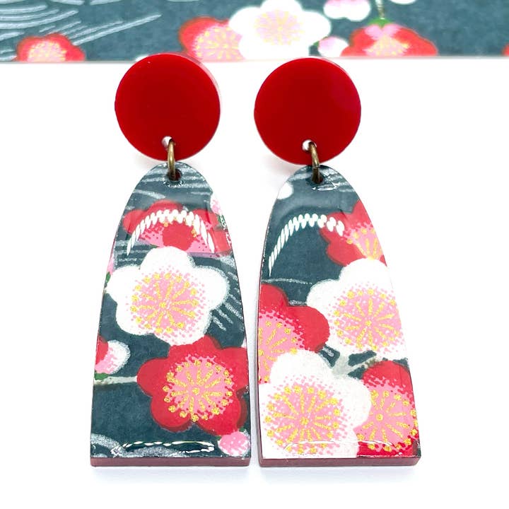 Red and White Cherry Blossom Arch Drop Earrings for wholesale by Prettykiku