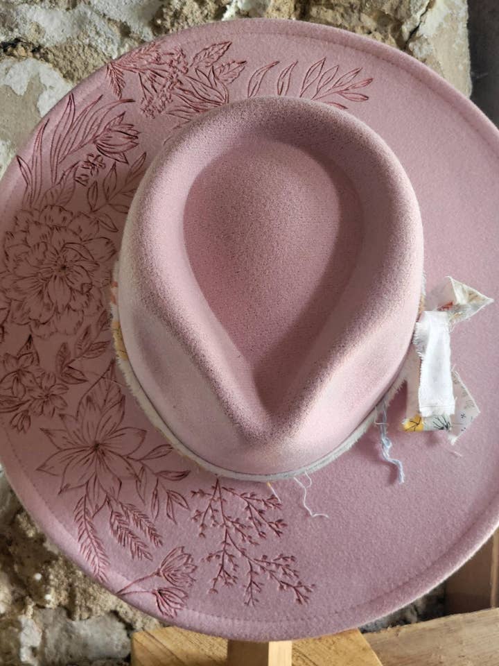 Free-Hand burned vegan suede hat for wholesale by The Broody Hen