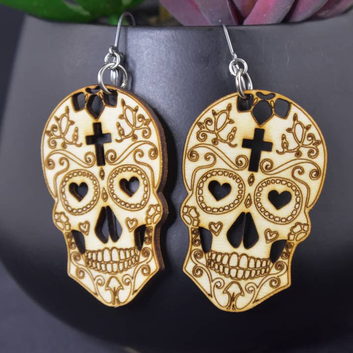 Sugar Skull Wooden Earring for wholesale by Three Turtles Designs