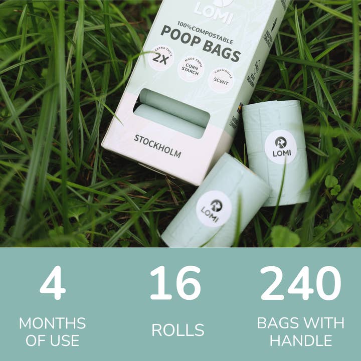 LOMI Pet Care – saco de cocó de cão por atacado – Sacos de cocô 100% Compostáveis com Alças — Eco-Friendly