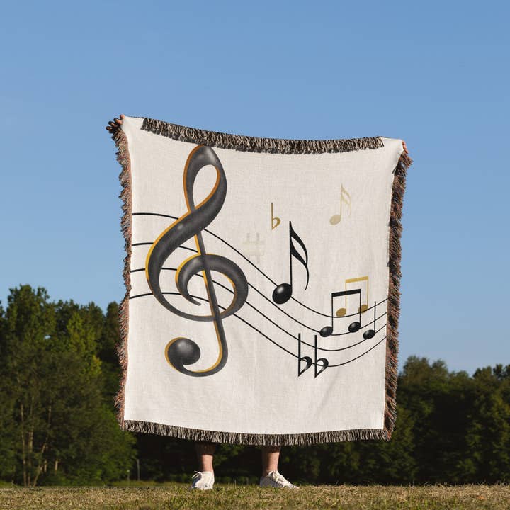 3dRose - Wholesale Throw Blanket - 3dRose, Music notes Clef, sixteenth, quarter notes, beamed notes, flats and sharps in black and gold, Blanket1