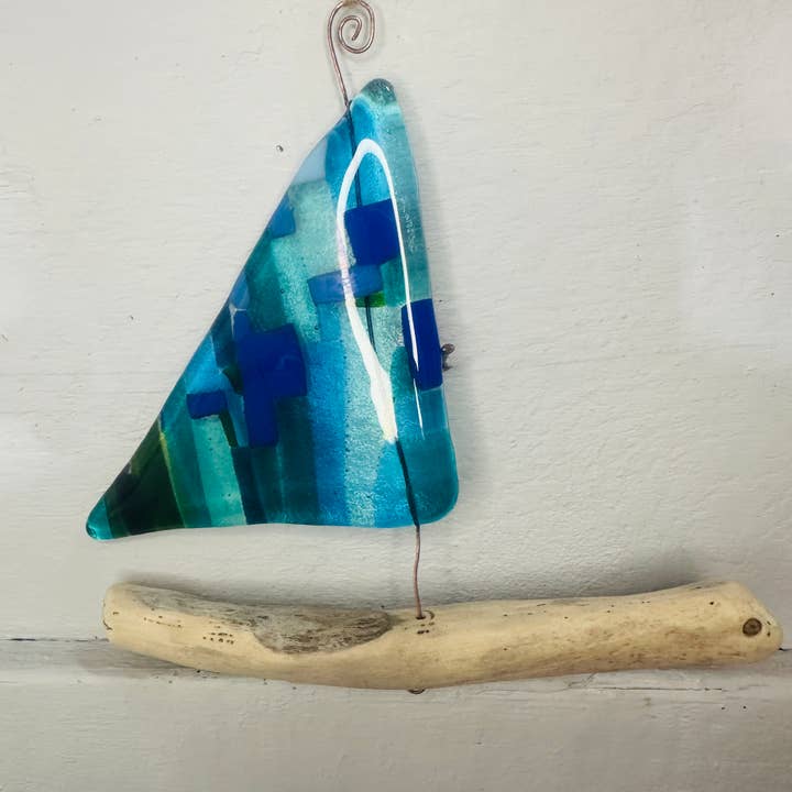 Ally Glass Studio - Wholesale Ornament - Â fused glass and drift wood hanging boat Â