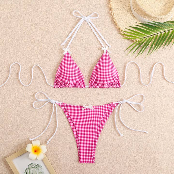 HIDDENBRAND - Wholesale Two Piece Swimsuit - Women's - Check Bow Sexy Split Bikini Swimsuit2
