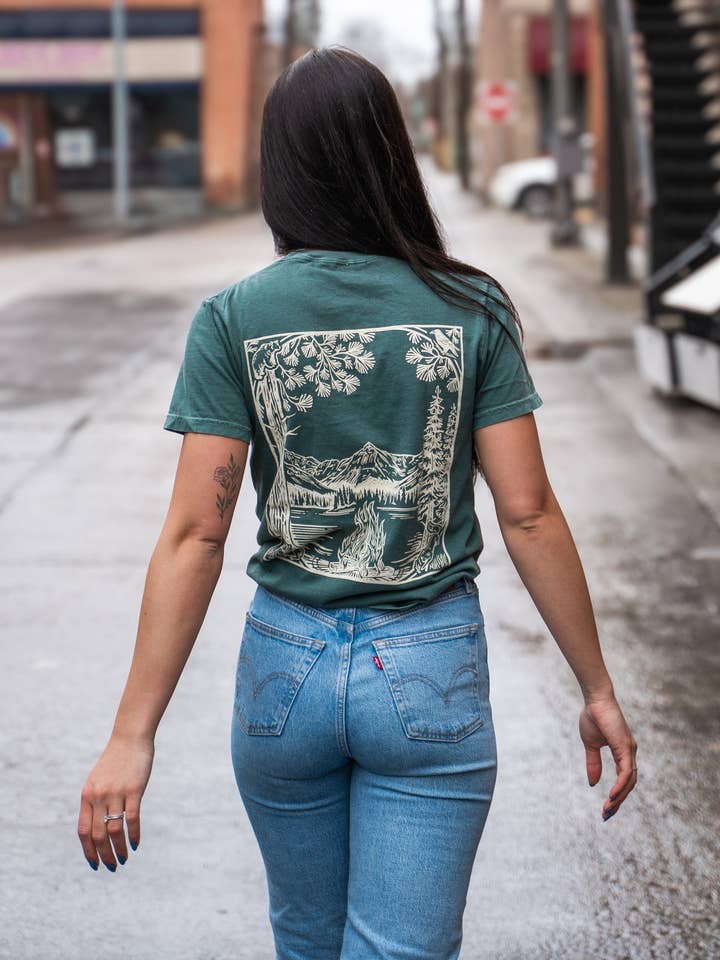 The Montana Scene - Wholesale Screen Printed T-Shirt - Unisex - Fireside Unisex Tee - Blue Spruce