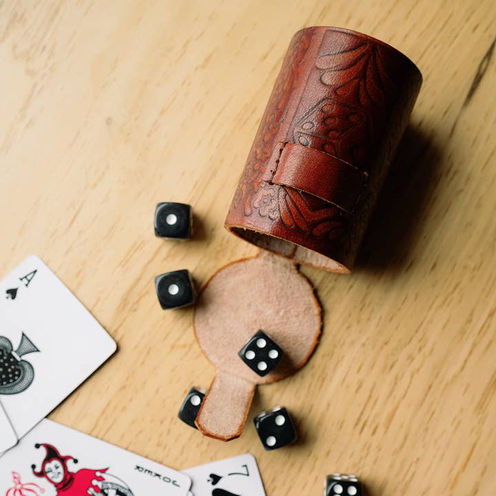 Matr Boomie Fair Trade - Wholesale Dice - Leather Dice Cup Set - 6 Dice, Hand Tooled