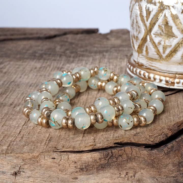 PennyLine inc - Wholesale Beaded Bracelet - Glass Beaded Bracelet Stack with Worn Gold Accents – Green, Cream, or Gray