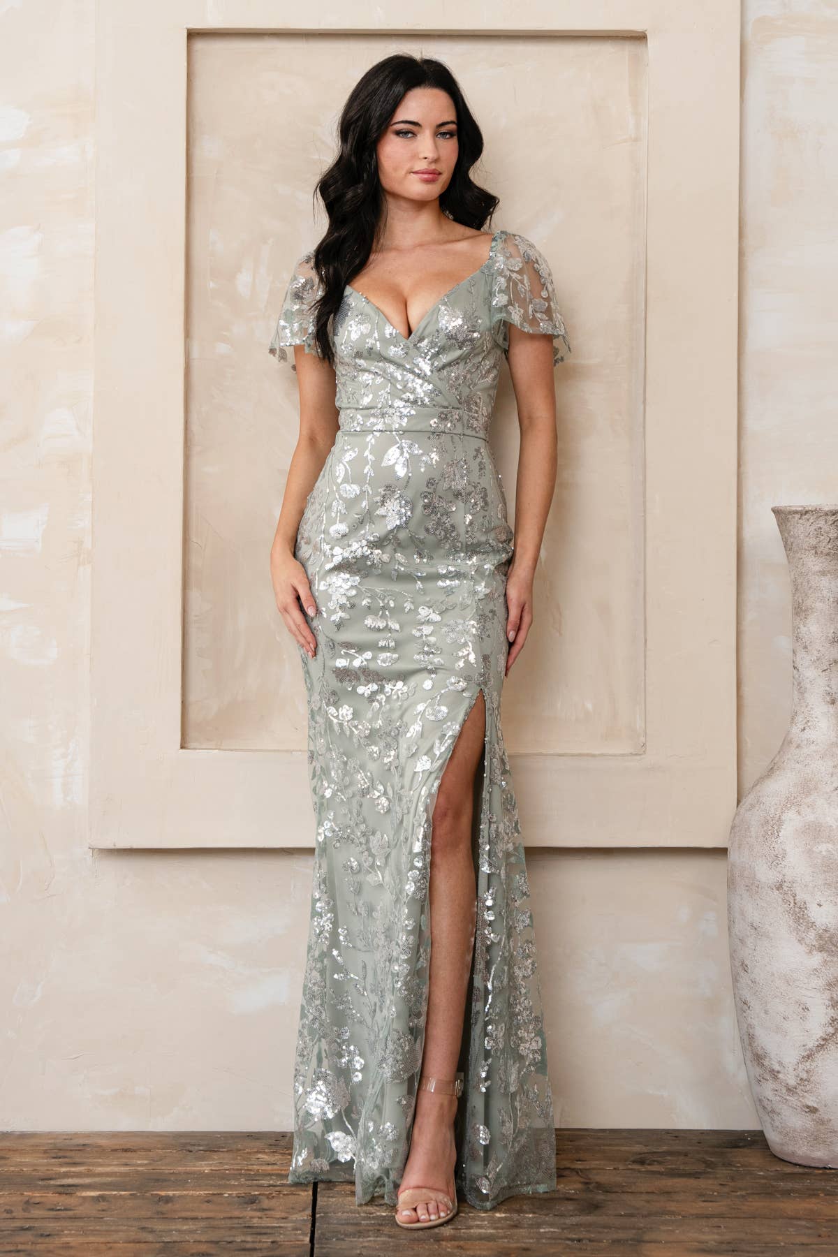 Rosemore Couture - Wholesale Gown - Women's - FLORAL SEQUINED MAXI DRESS WITH SLEEVES4